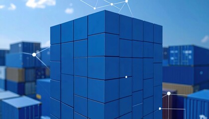 A 3D blue cube made of smaller cubes is connected by nodes, set against a background of shipping containers and a clear sky.