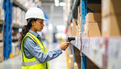 Woman in safety gear scans products with a barcode scanner in a warehouse aisle filled with organized boxes.