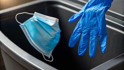 Disposable mask, glove, biohazard waste, medical trash, blue, plastic, healthcare