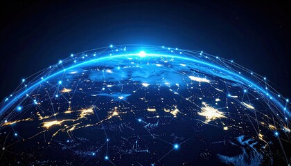 A digital representation of Earth at night with glowing city lights connected by a glowing network of points and lines symbolizing global communication.