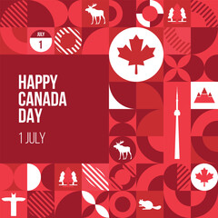 Happy Canada day pattern Design. 1st July National Canada day design with maple leaf, tower, moose, pine tree, beaver icons. Celebration banner design. Vector illustration. 