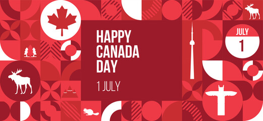 Happy Canada day pattern Design. 1st July National Canada day design with maple leaf, tower, moose, pine tree, beaver icons. Celebration banner design. Vector illustration. 