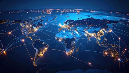 A nighttime global map showing illuminated cities and glowing interconnected lines representing worldwide communication and data networks.