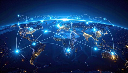A glowing world map at night connected by bright blue network lines representing global communication and data exchange.