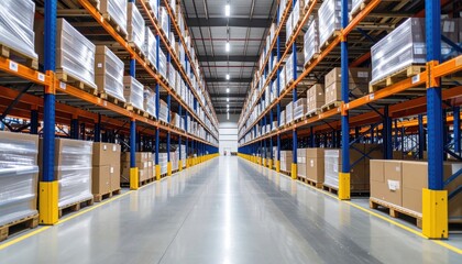 A spacious, well-organized warehouse with tall shelving units filled with neatly stacked boxes and pallets.