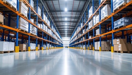 A spacious, modern warehouse interior with tall metal shelving units stocked with boxes and pallets, featuring polished floors and bright overhead lighting.