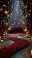 Elegant red carpet pathway adorned with twinkling lights and lanterns leading to a grand staircase