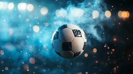 Naklejka premium Soccer ball on the field of stadium with lights and smoke.