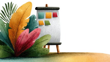 Elegant still life of vibrant flowers in a vase, colorful painting on with art supplies and brushes