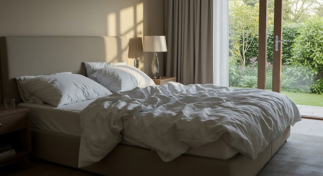 Fototapeta A serene and inviting bedroom is bathed in the warm, golden glow of morning sunlight.