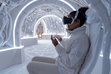 Woman in White VR Headset Exploring Futuristic White Virtual Reality Environment Digital Art Modern Technology Innovation Digital Metaverse Experience Immersive Virtual World Advanced Technology Game 