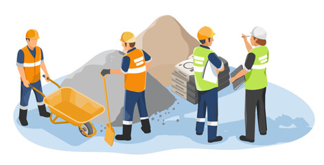 Construction supervisors inspecting material delivery while workers handle cement sand and equipment at construction site in isometric illustration