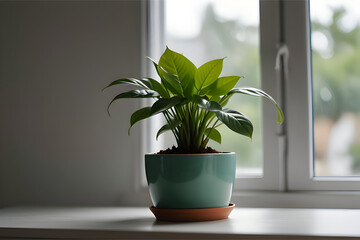 Green houseplant in ceramic pot on a white desk, soft natural lighting through window