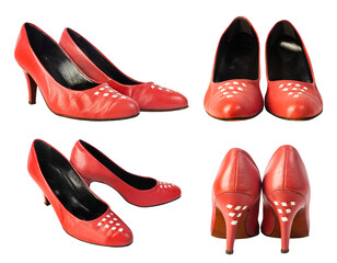 Isolated photo of red leather high heeled vintage woman shoes on white background.