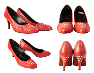 Isolated photo of red leather high heeled vintage woman shoes on white background.