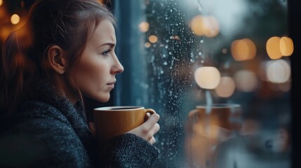 Woman drinks coffee, rainy day view (1)