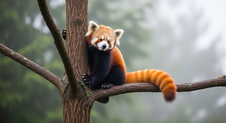 Red panda cute animal wildlife nature tree branch adorable mammal fluffy tail endangered species forest