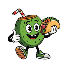 A cheerful green coconut character with big expressive eyes and a friendly smile, holding a taco filled with fresh vegetables in one hand