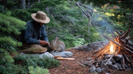 Wilderness Survival: Skinning a Rabbit in Pine Forest at Dusk