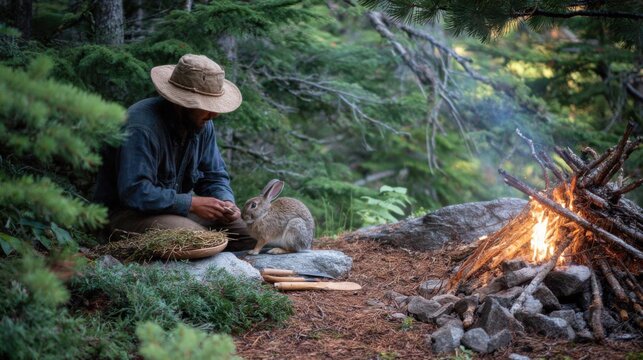 Wilderness Survival: Skinning a Rabbit in Pine Forest at Dusk