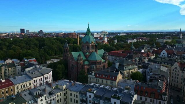 Aerial view of St. Lukas Church, the largest Protestant church in Munich
