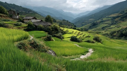 Serene Asian Rice Terraces Lush Green Fields Mountain Village Houses Tranquil Landscape Breathtaking Scenery Picturesque View Stunning Nature Rural Idyllic Peaceful Harmony Beautiful Agricultural     