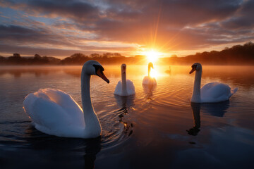 Graceful swans gliding on calm water at sunrise near peaceful lake setting