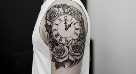 Intricate Arm Tattoo Depicting a Clock Surrounded by Floral Embellishments