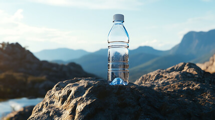Outdoor mineral water bottle mockup with mountain landscape backdrop