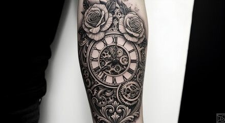 Detailed forearm tattoo showcasing a clock design with roses and intricate gears