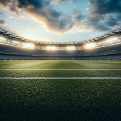 Soccer stadium with green grass at sunset time.