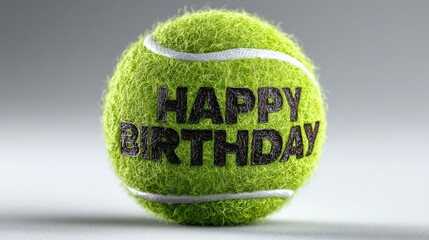 Celebrate a special birthday with a vibrant green tennis ball featuring happy birthday message on a smooth gray background