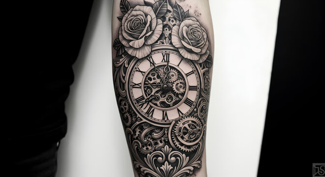 Detailed forearm tattoo showcasing a clock design with roses and intricate gears