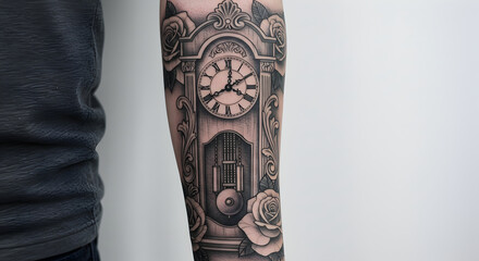 Elaborate Black and White Clock Tattoo with Rose Accents on Arm