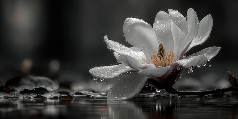 White magnolia flower resting on water's surface with raindrops at dawn captures serene beauty and tranquility