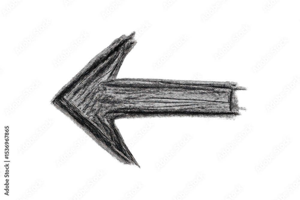 Poster handdrawn charcoal arrow pointing leftward, transparent backdrop signaling directional navigation or