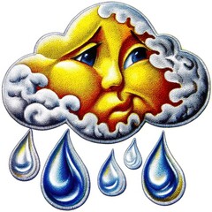 Sad Yellow Sun Face in a Rain Cloud Shedding Blue Teardrops