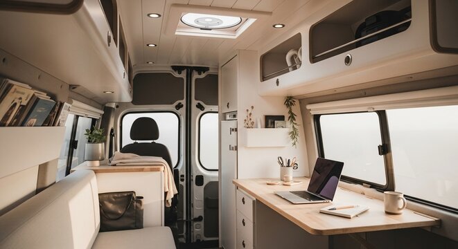 Van conversion interior design campervan living small space travel lifestyle minimalist aesthetic rv home