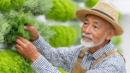 Senior Gardener Tending to a Vertical Herb Garden