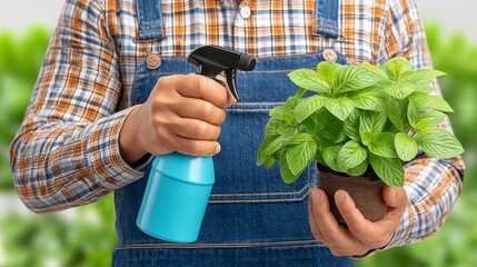 Senior Gardener's Hands Watering a Potted Green Plant