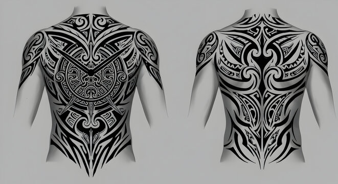 Intricate and Ornate Back Tattoos in Black Ink Displaying Tribal Art Styles