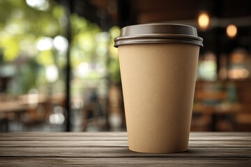 A close-up of a disposable coffee cup with a lid, standing on a wooden table surface, blurred background showing a cozy cafe atmosphere with soft lighting and greenery.