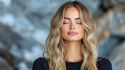 Serene Blonde Woman with Long Wavy Hair, Eyes Closed, Peaceful Expression