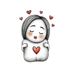 Serene Girl Embracing Heart Sketch with Red Accents