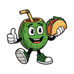 A cheerful green coconut character with big expressive eyes and a friendly smile, holding a taco filled with fresh vegetables in one hand