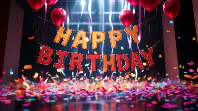 Festive happy birthday celebration scene with colorful confetti and balloons animation