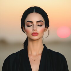 Serene Woman in Black Robe at Sunset in Desert Landscape