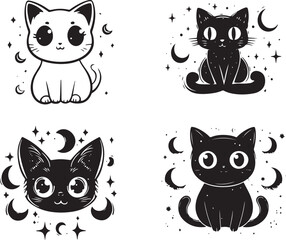 Fototapeta premium Mystical Moon and Cat Silhouette Vector Set