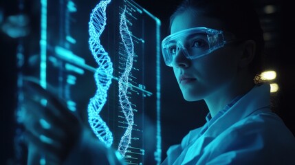 Woman scientist examining holographic DNA