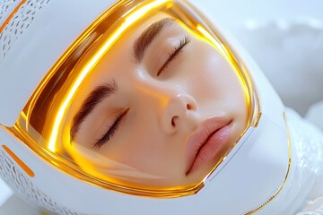 Serene Woman in Futuristic White Helmet with Glowing Gold Accents